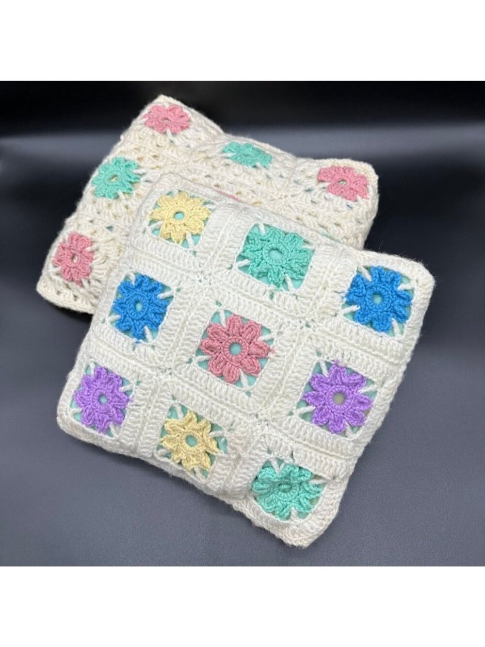 Vintage Pillows Handmade Decorative Cottagecore Pastel Crocheted Granny Square
